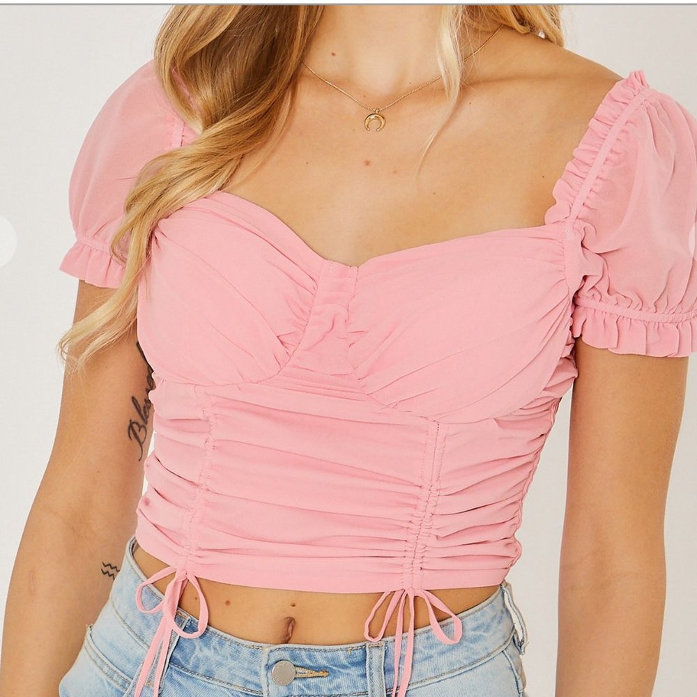 woven solid short sleeve ruched crop top for women